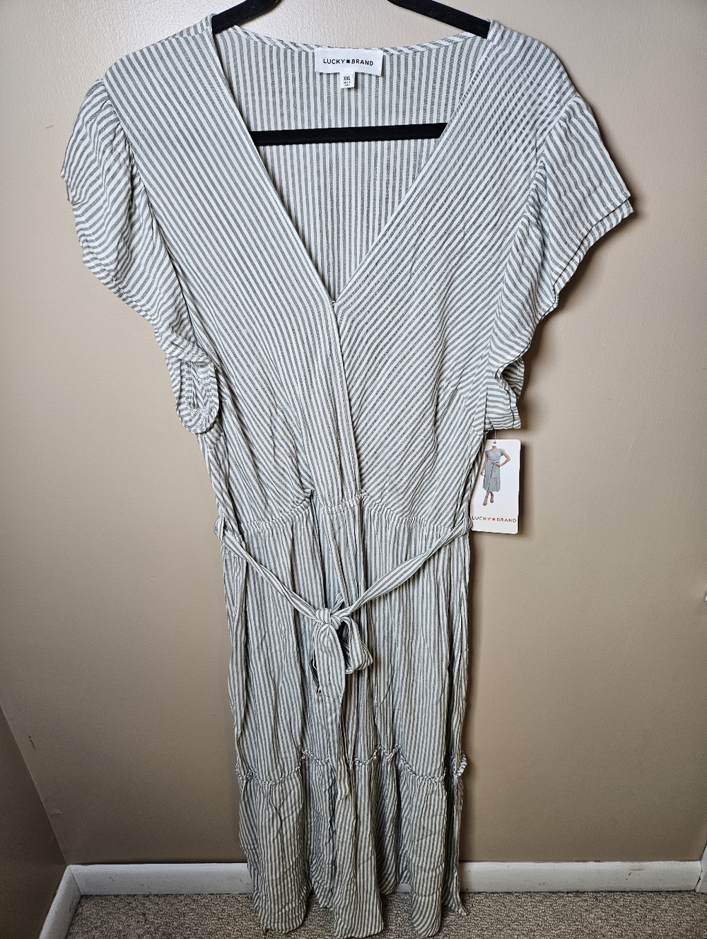 Lucky Brand Green White Stripe Vneck Maxi Dress XXL Spring Summer Modest Flowy